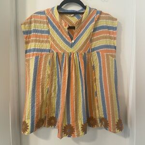 Ivy Jane XS cotton colorful stripe embroidered cap sleeve boxy blouse